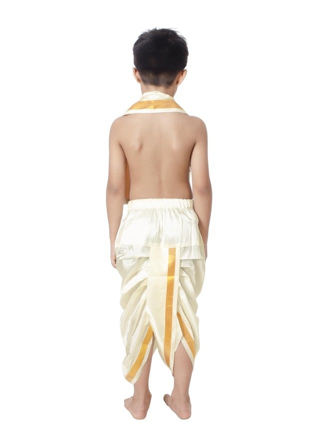 Chandrakala Dhoti & Angvastram Set for Boys, South indian Dress with Golden Border,Cream-Gold,11-12 Years (KB105CRE13) - Image 3